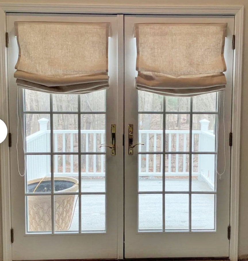 Customer photo: two natural linen relaxed Roman shades mounted on French doors