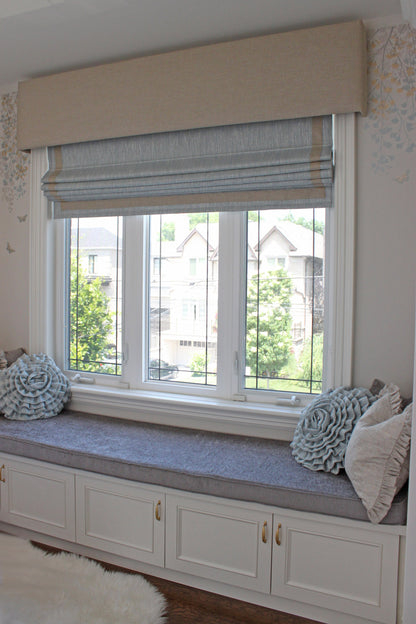 Upholstered valance over window seat with storage