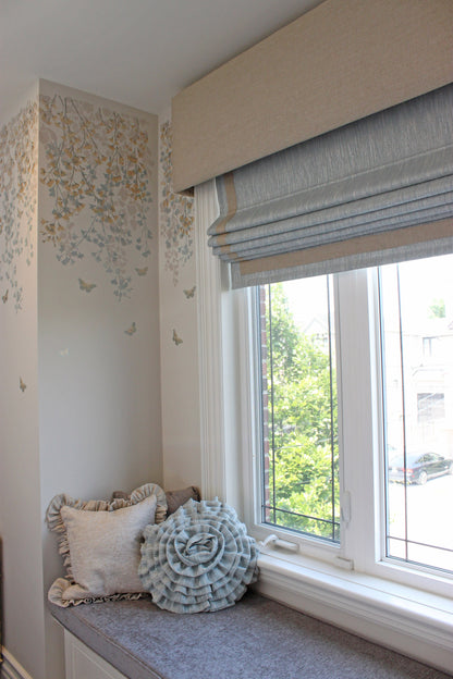 Window seat with cornice and shade in Millennium fabric