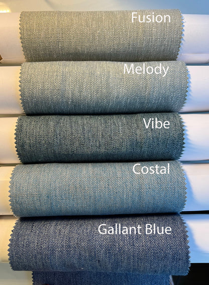 Millennium fabric swatches: Fusion, Melody, Vibe, Coastal, Gallant Blue