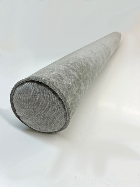 Custom bolster cushion in FibreGuard Mermaid grey with piped ends — LOGANOVA