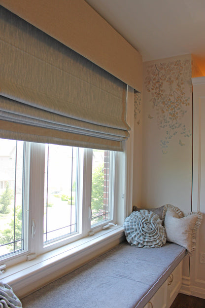 Cornice and shade over window seat