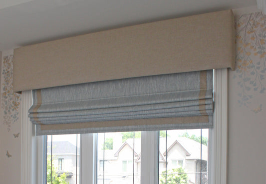 Upholstered cornice with Millennium fabric over a window