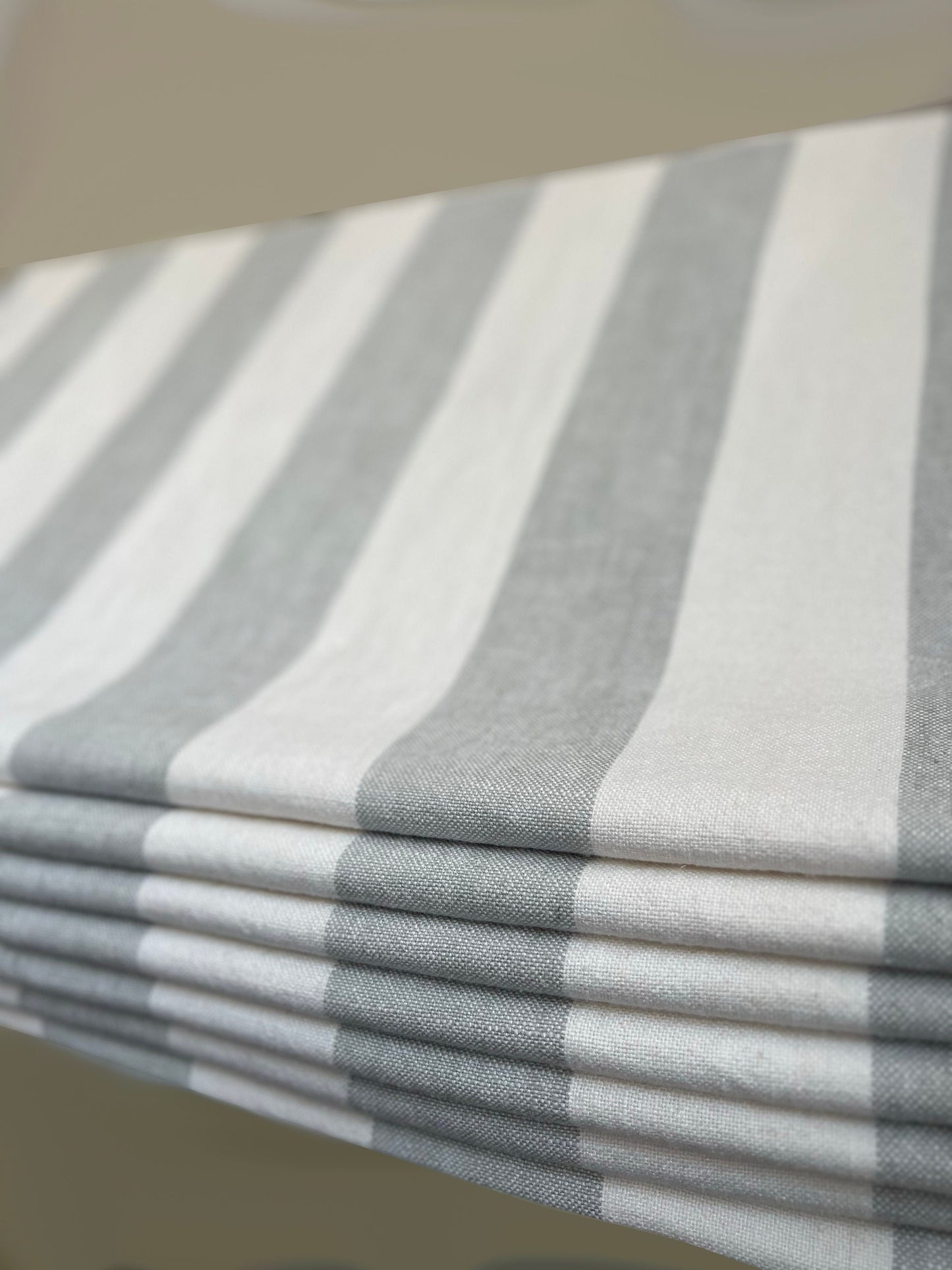 Copacabana linen Roman shade — Cement colourway, handmade in Toronto