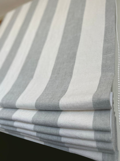 Copacabana linen Roman shade — neutral linen drape, handmade in Toronto