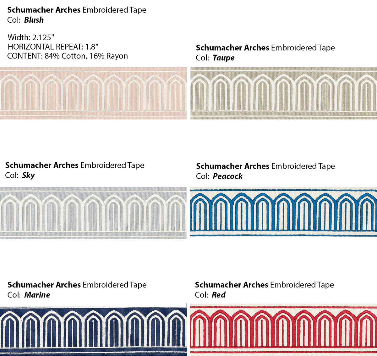 Schumacher Arches tape colourways on cotton