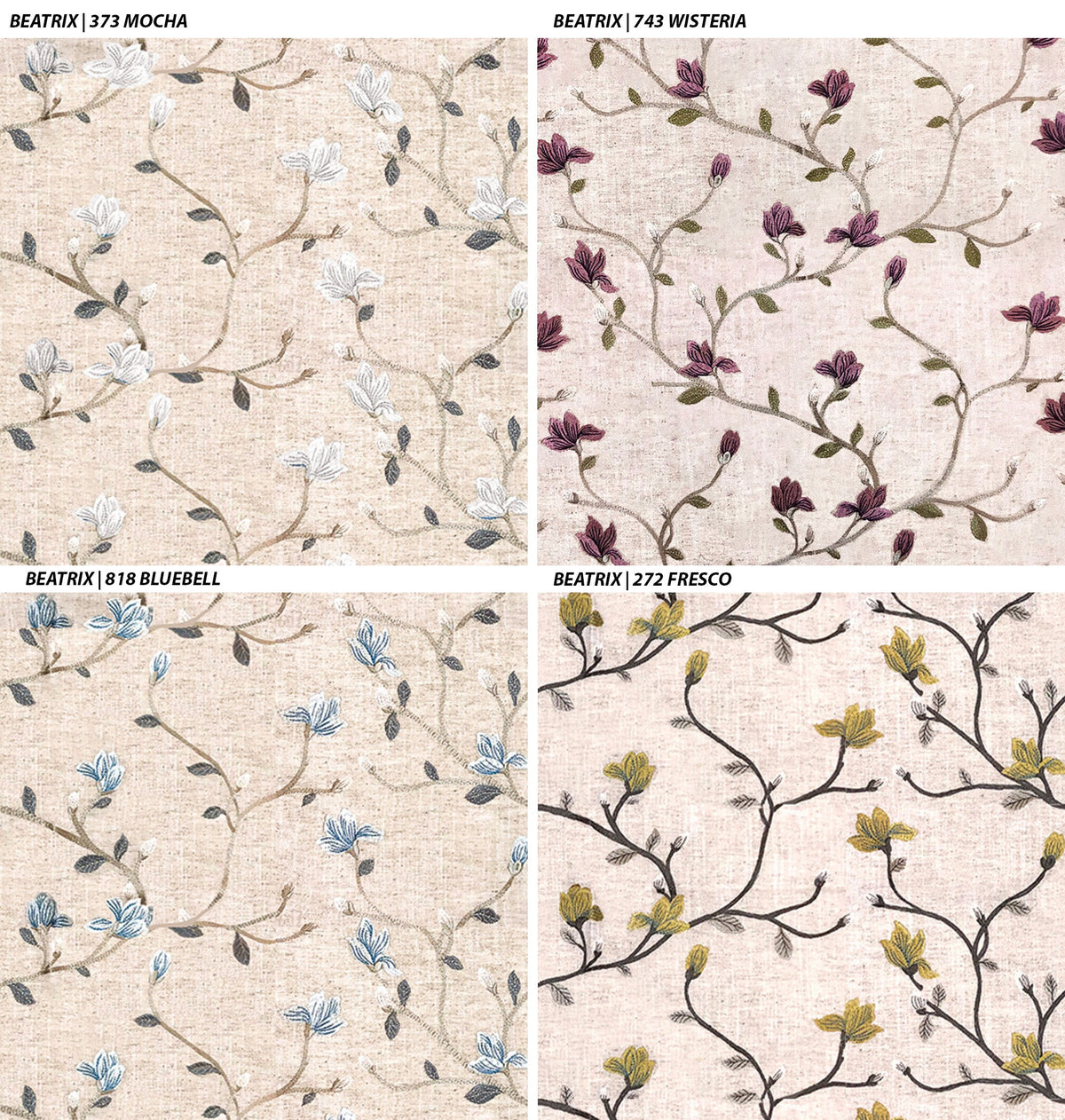 Four Beatrix colourways — white, burgundy, blue and yellow florals on beige