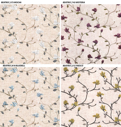Four Beatrix colourways — white, burgundy, blue and yellow florals on beige