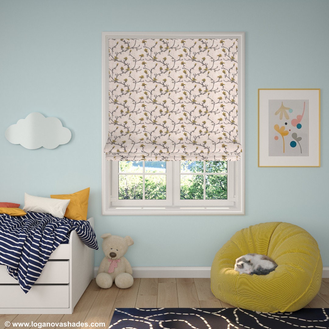 Beatrix Roman shade in yellow floral colourway in a child's bedroom