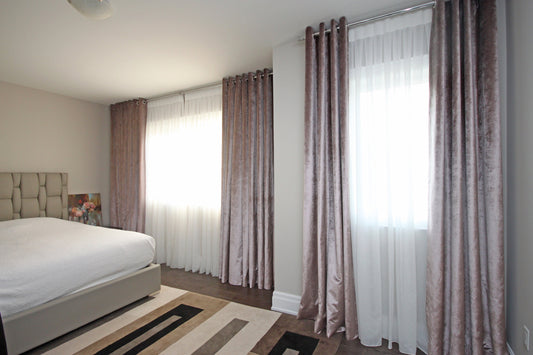 Rowan velour grommet drapery in a bedroom, two windows — LOGANOVA