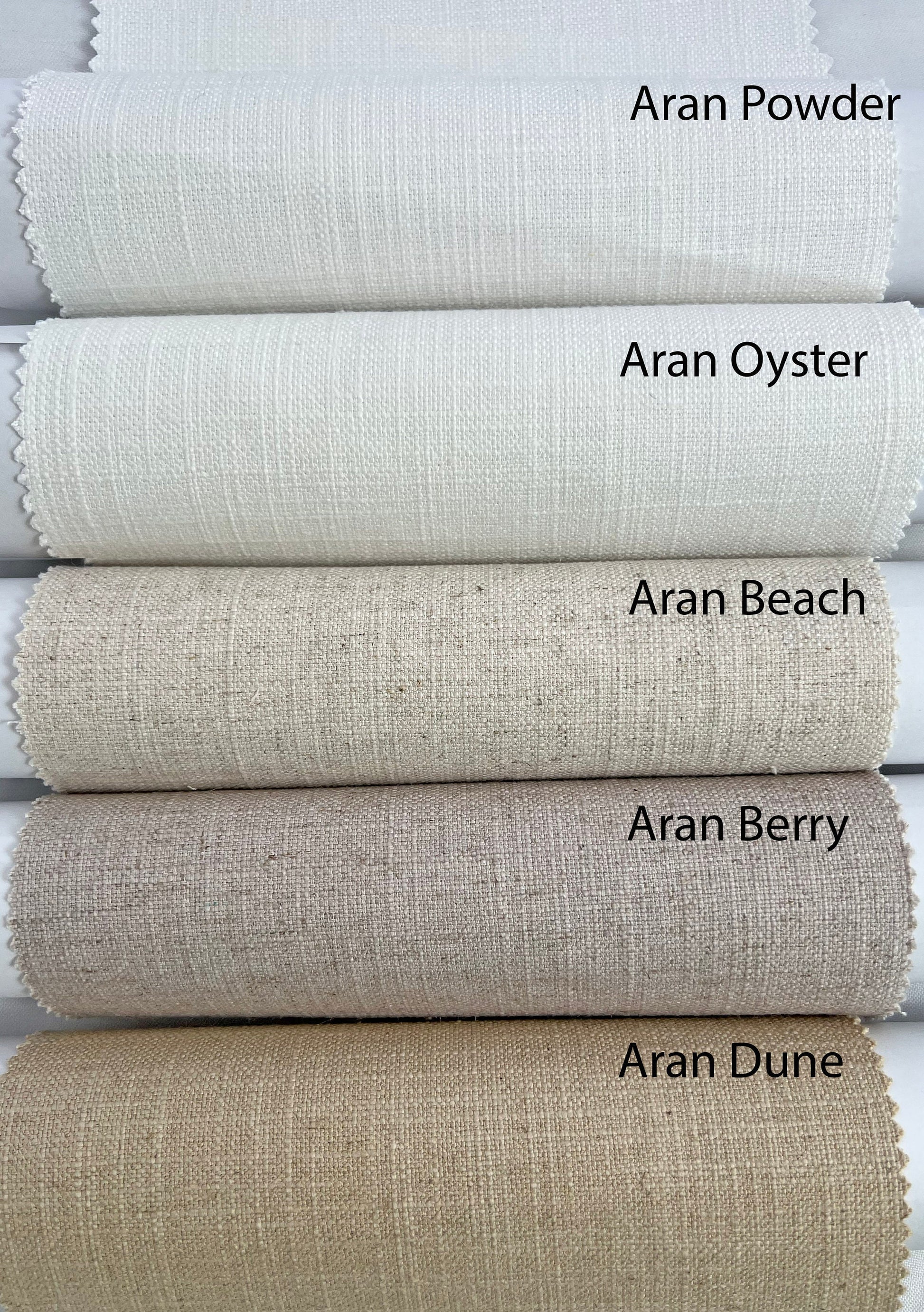 Aran linen colours: Powder, Oyster, Beach, Berry, Dune