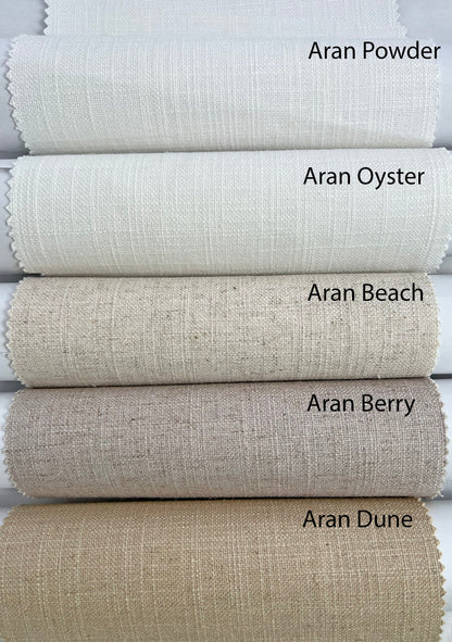 Aran linen colours: Powder, Oyster, Beach, Berry, Dune
