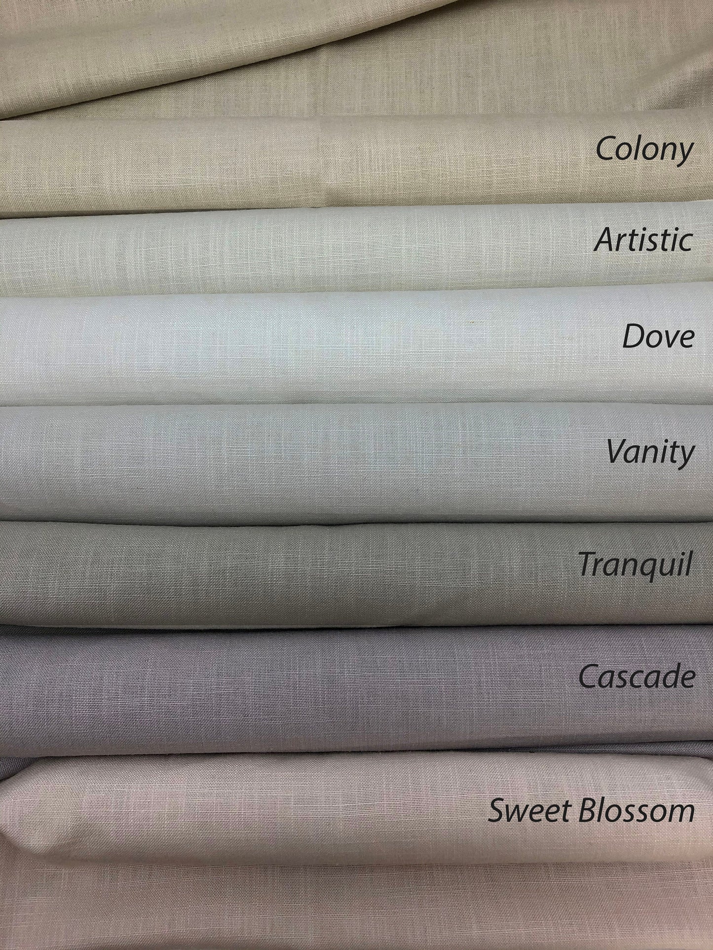 Pom pom trim flat Roman shade — Regatta linen, handmade in Toronto