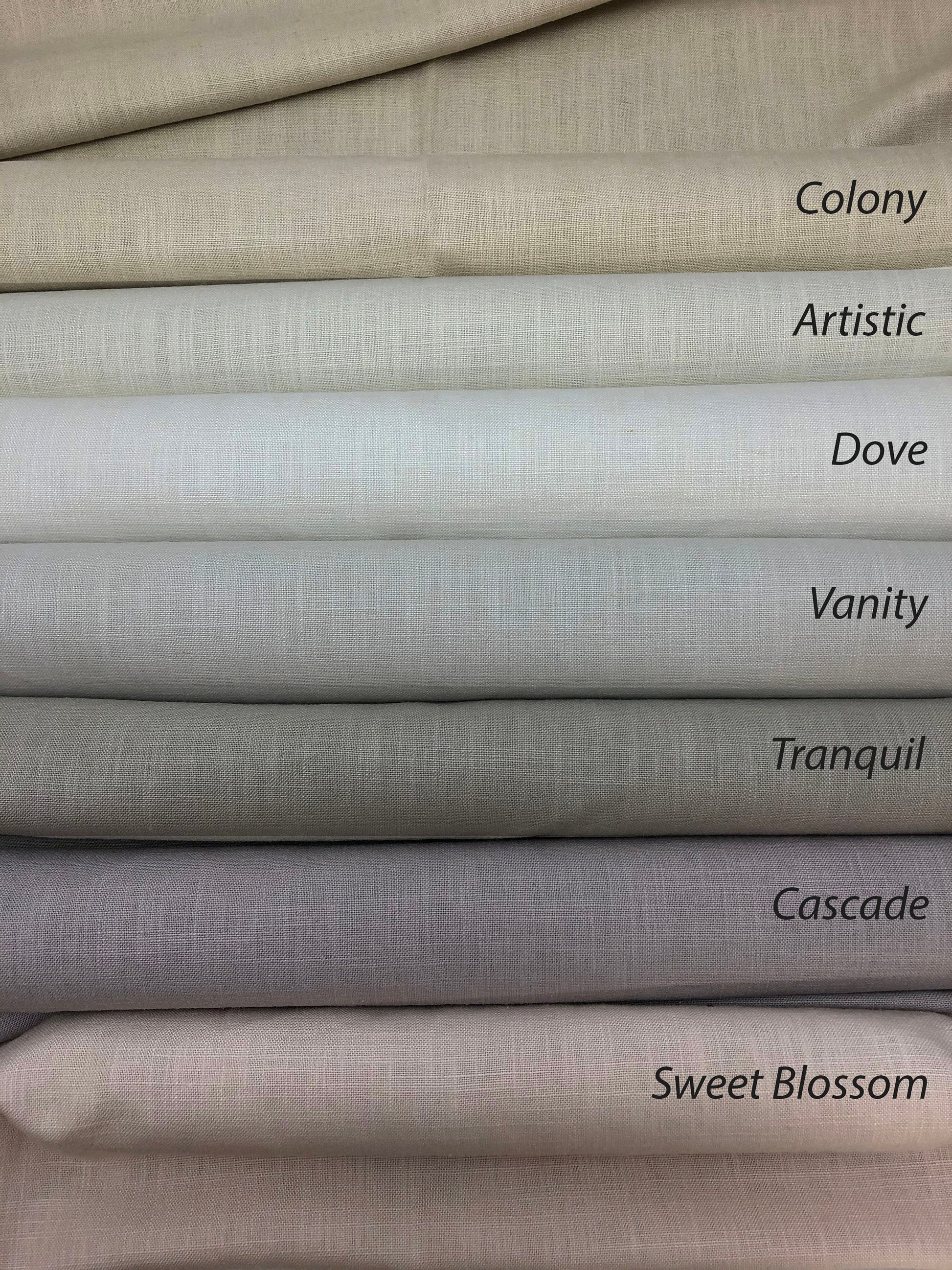 Pom pom trim flat Roman shade — Regatta linen, handmade in Toronto