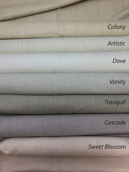 Pom pom trim flat Roman shade — Regatta linen, handmade in Toronto