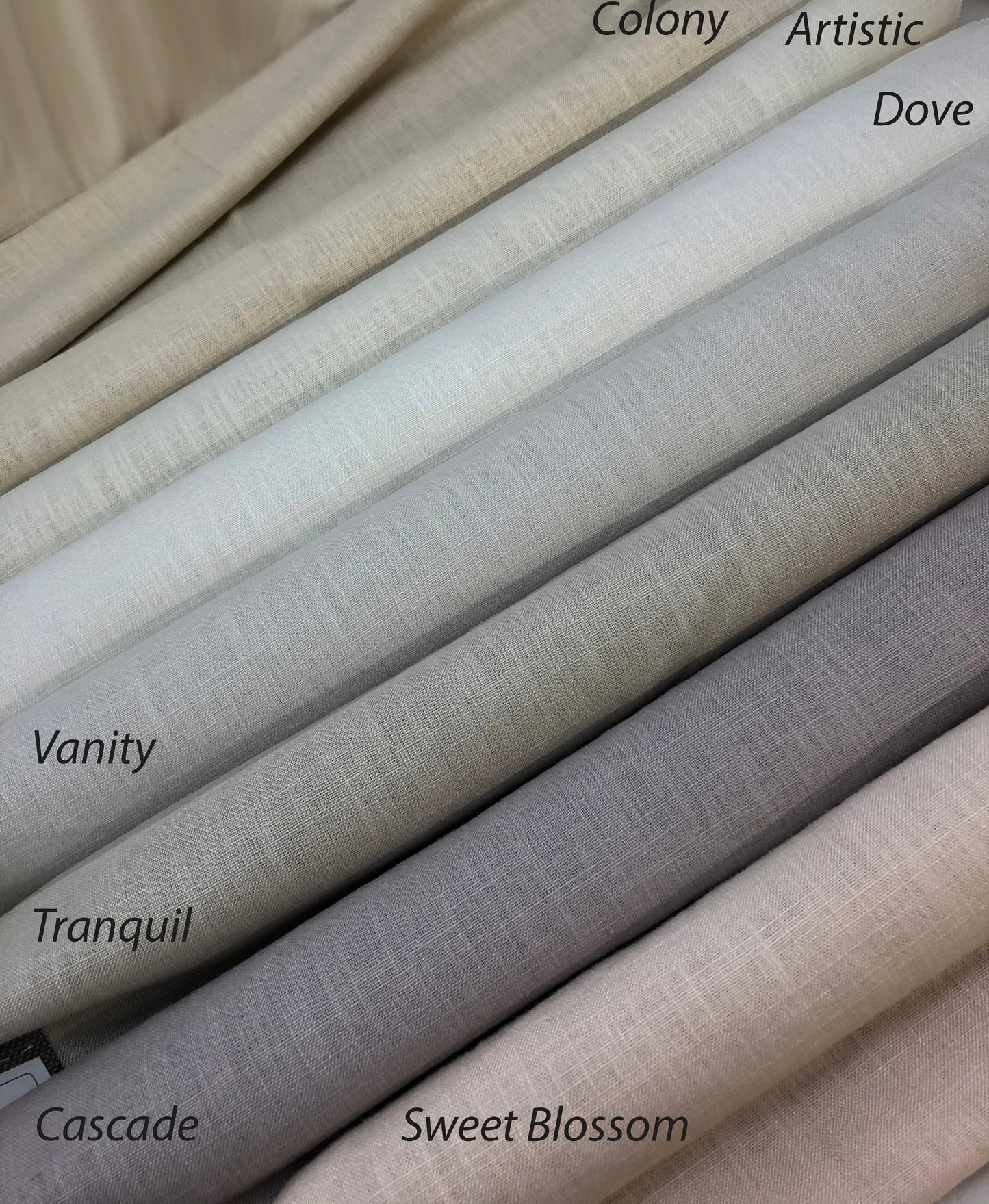 Pom pom trim linen Roman shade — trim close-up, handmade in Toronto