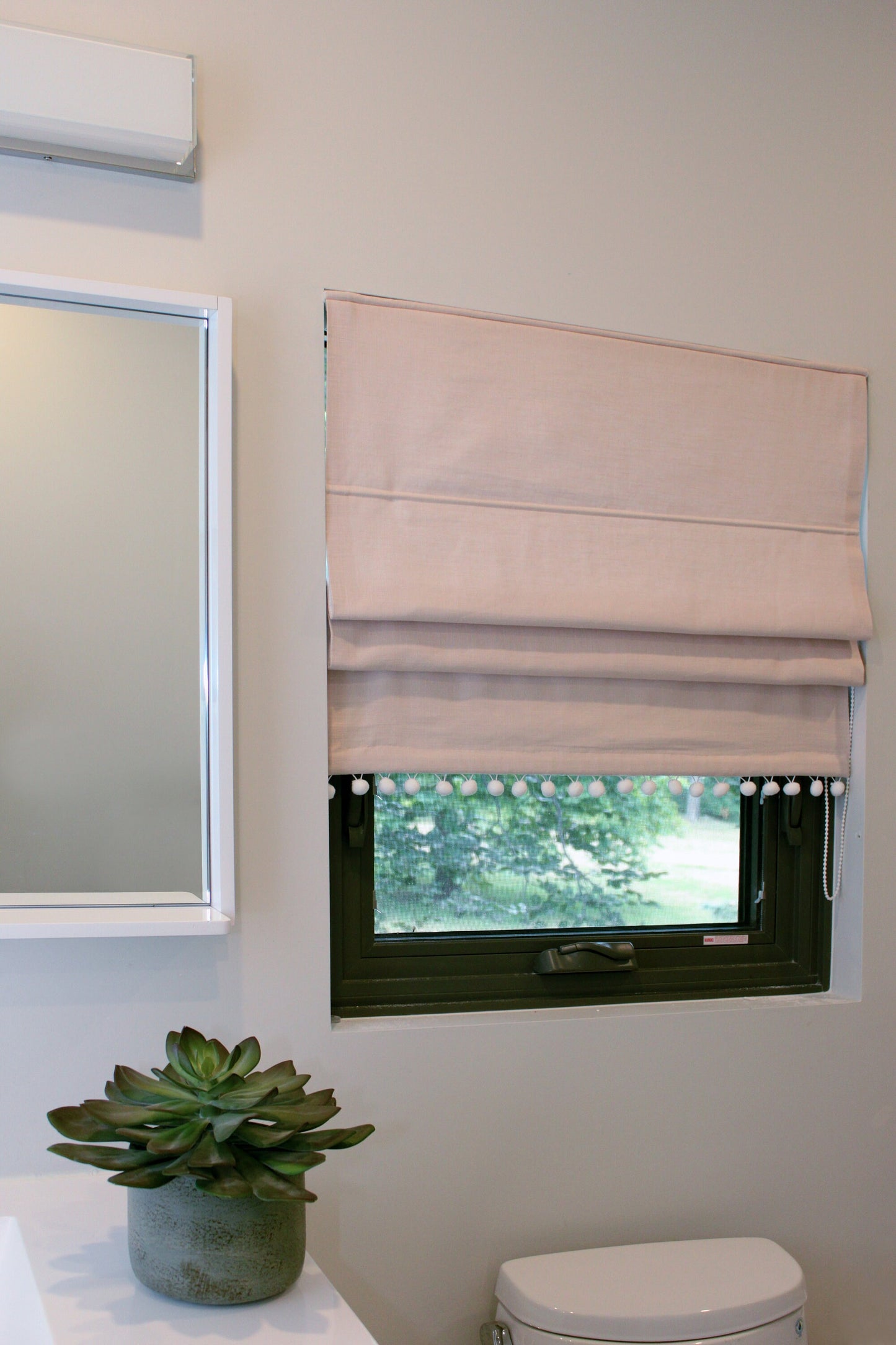 Pom pom trim linen Roman shade — playful pom-pom detail, handmade in Toronto