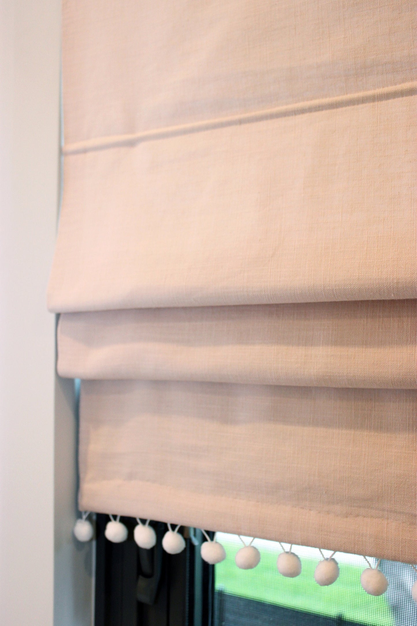 Pom pom trim linen Roman shade — white linen with contrasting trim, handmade in Toronto