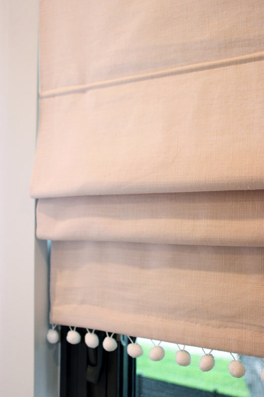 Pom pom trim linen Roman shade — white linen with contrasting trim, handmade in Toronto