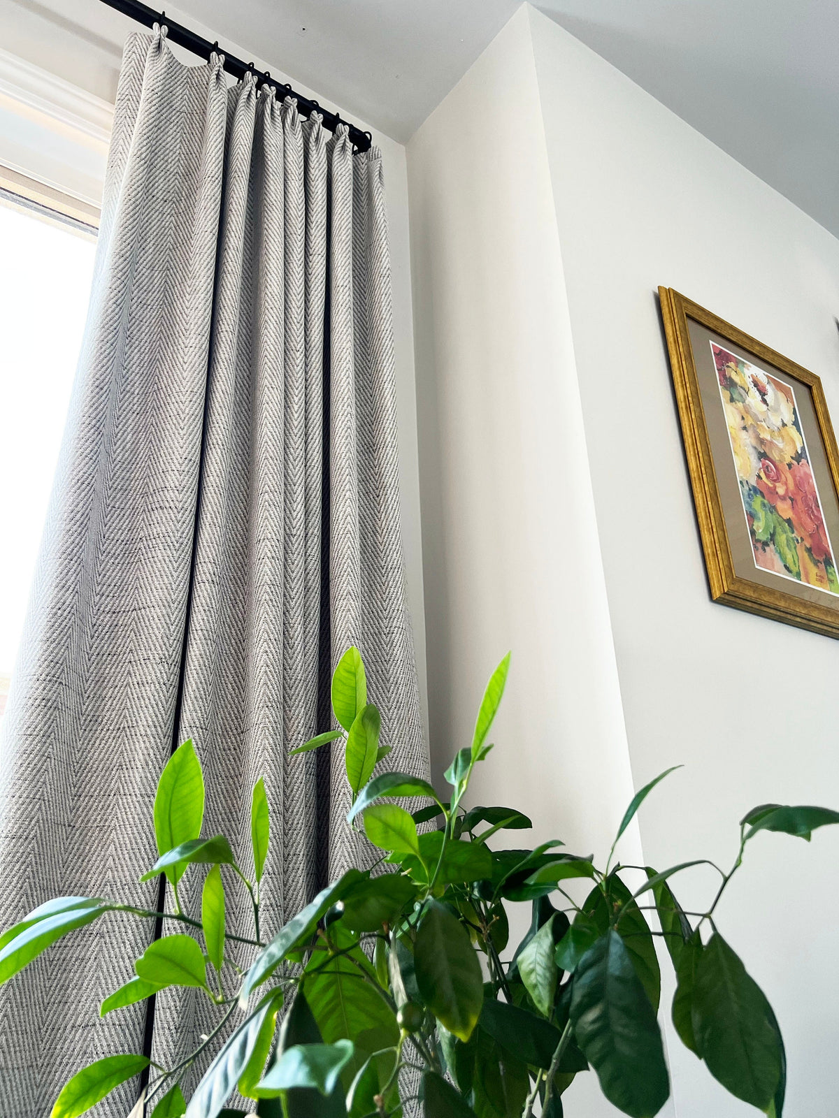 Corrie chevron pinch pleat curtain at a window with a green plant