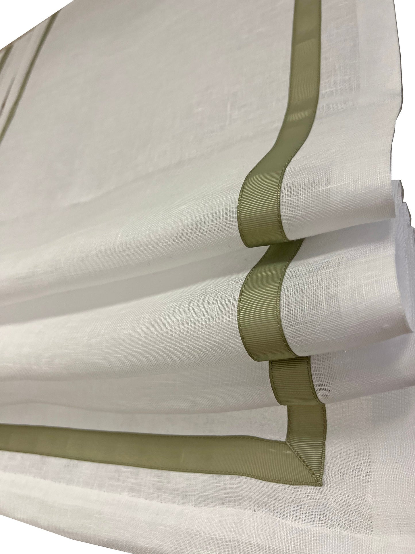 Natural linen Roman shade with pine border, handmade in Toronto