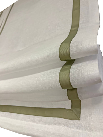 Natural linen Roman shade with pine border, handmade in Toronto