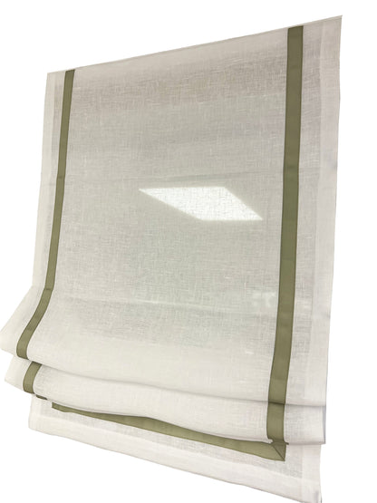Natural linen Roman shade with pine border