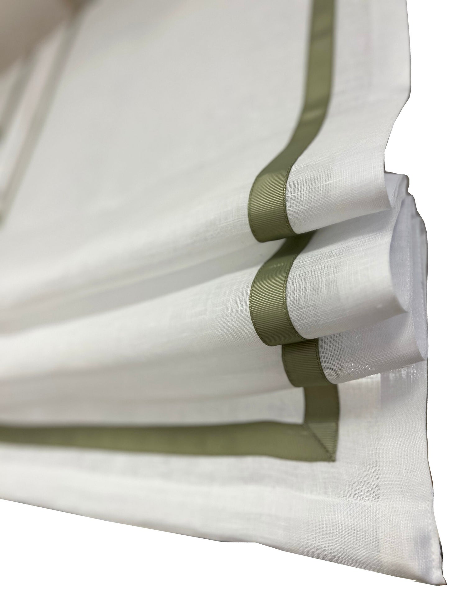 Natural linen Roman shade with pine border