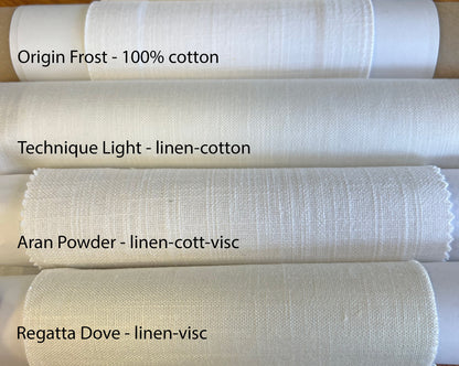 Fabric and trim swatch layout for the teal Trend trim linen Roman shade