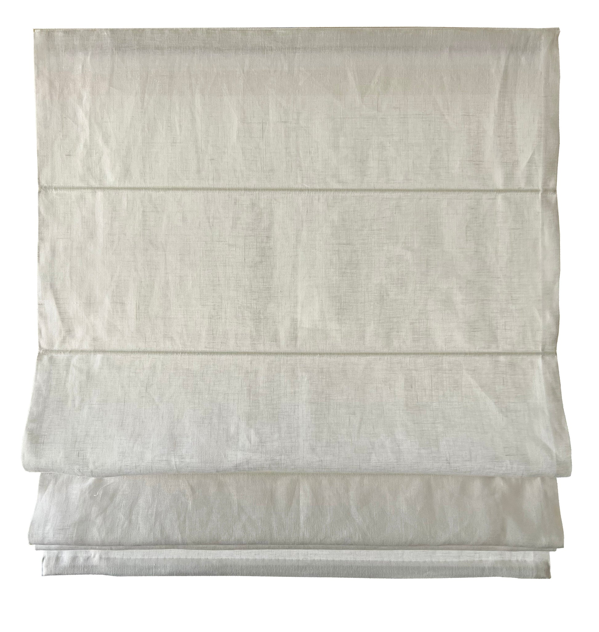 Flat Roman shade half-raised, clean fold stack in sheer linen — LOGANOVA
