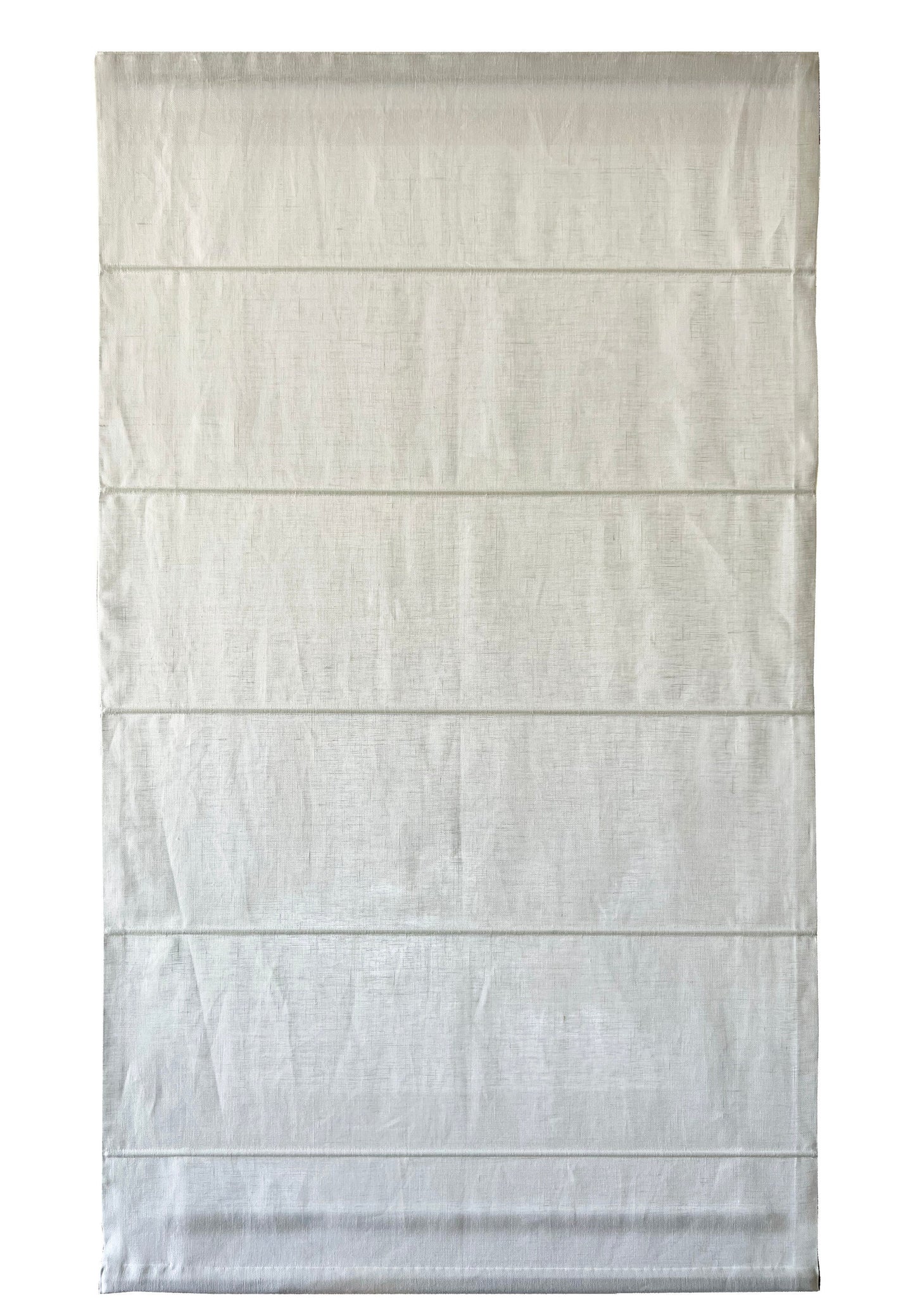 Utopia sheer 100% linen flat Roman shade, full front view with crisp horizontal folds — LOGANOVA