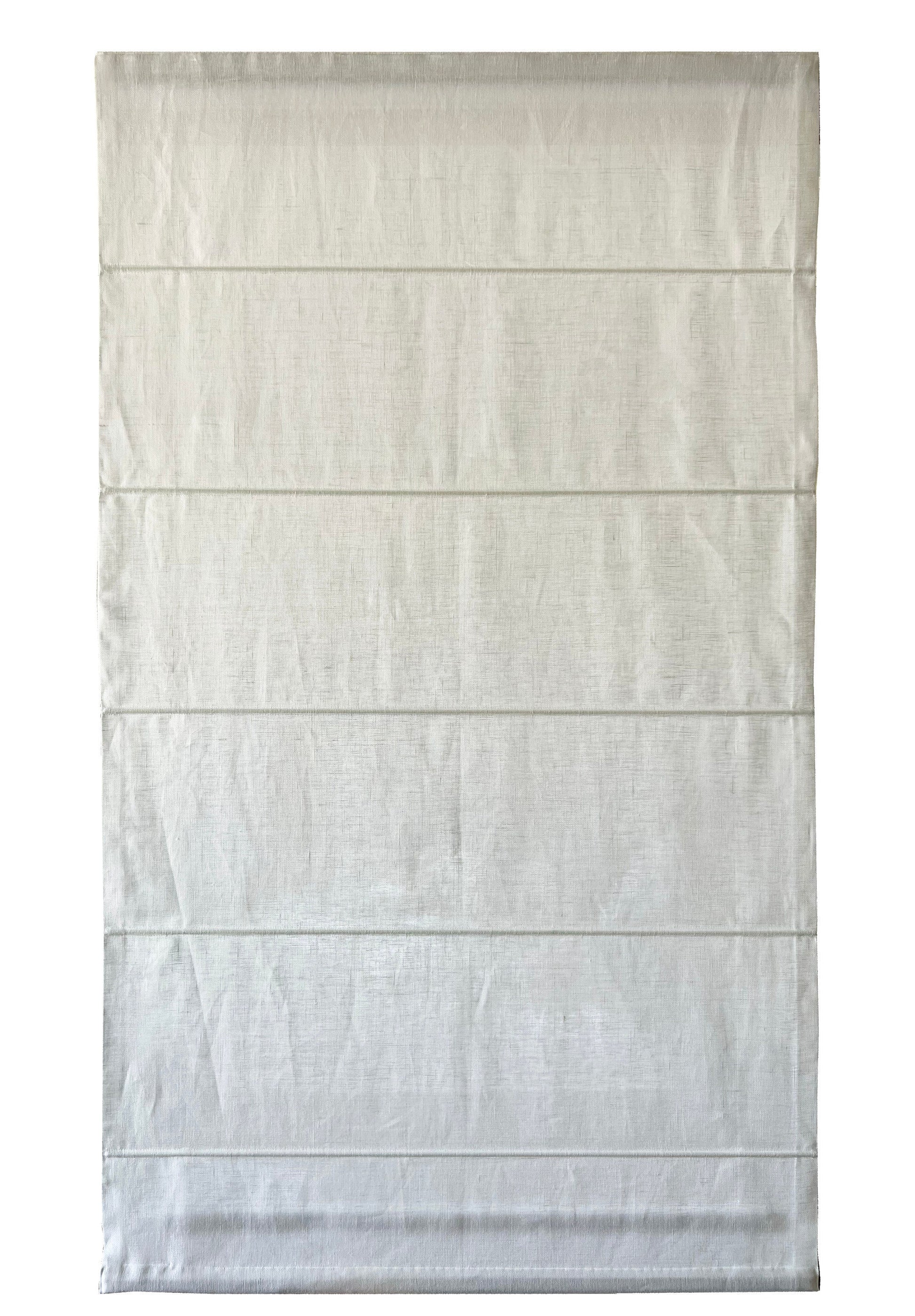 Utopia sheer 100% linen flat Roman shade, full front view with crisp horizontal folds — LOGANOVA