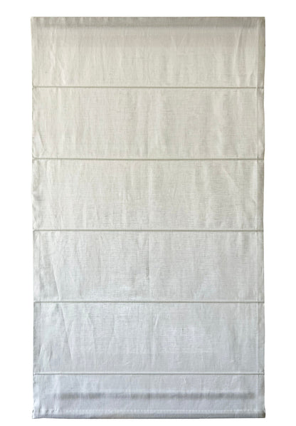 Utopia sheer 100% linen flat Roman shade, full front view with crisp horizontal folds — LOGANOVA
