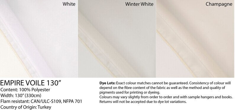 Empire Voile spec: 130 inch railroaded roll in White, Winter White, Champagne — LOGANOVA