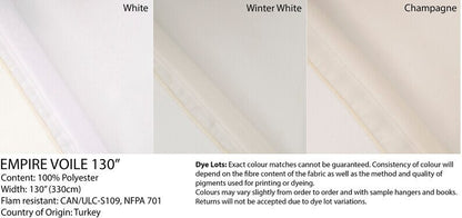 Empire Voile spec: 130 inch railroaded roll in White, Winter White, Champagne — LOGANOVA