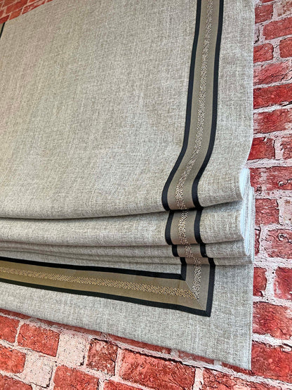 Close-up of the CE58 woven tape trim on a Toronto relaxed Roman shade
