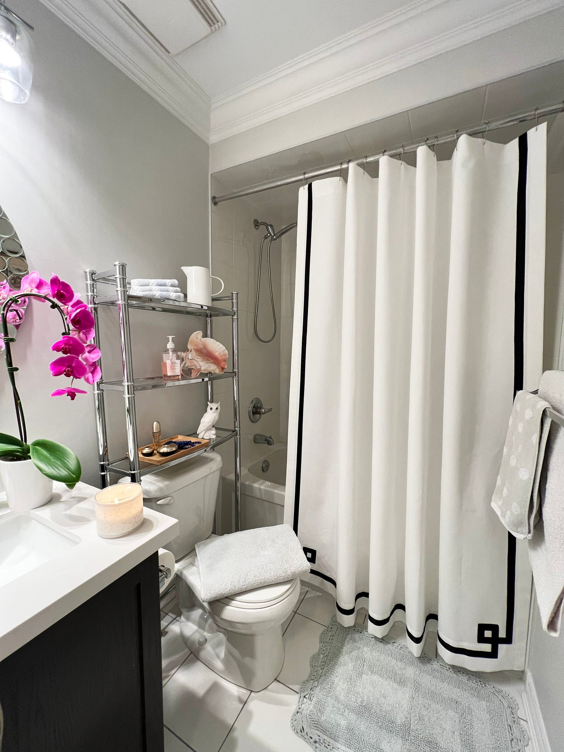 Greek Key shower curtain in white faux linen, black trim — LOGANOVA