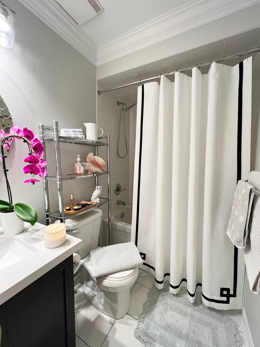 Greek Key shower curtain in white faux linen, black trim — LOGANOVA