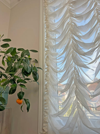 Close-up of the shirred Austrian swags in Empire Voile sheer fabric