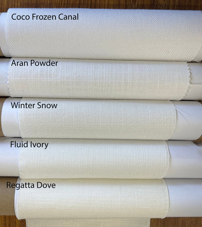 White linen colours: Coco Frozen Canal, Aran Powder, Winter Snow, Fluid Ivory, Regatta Dove