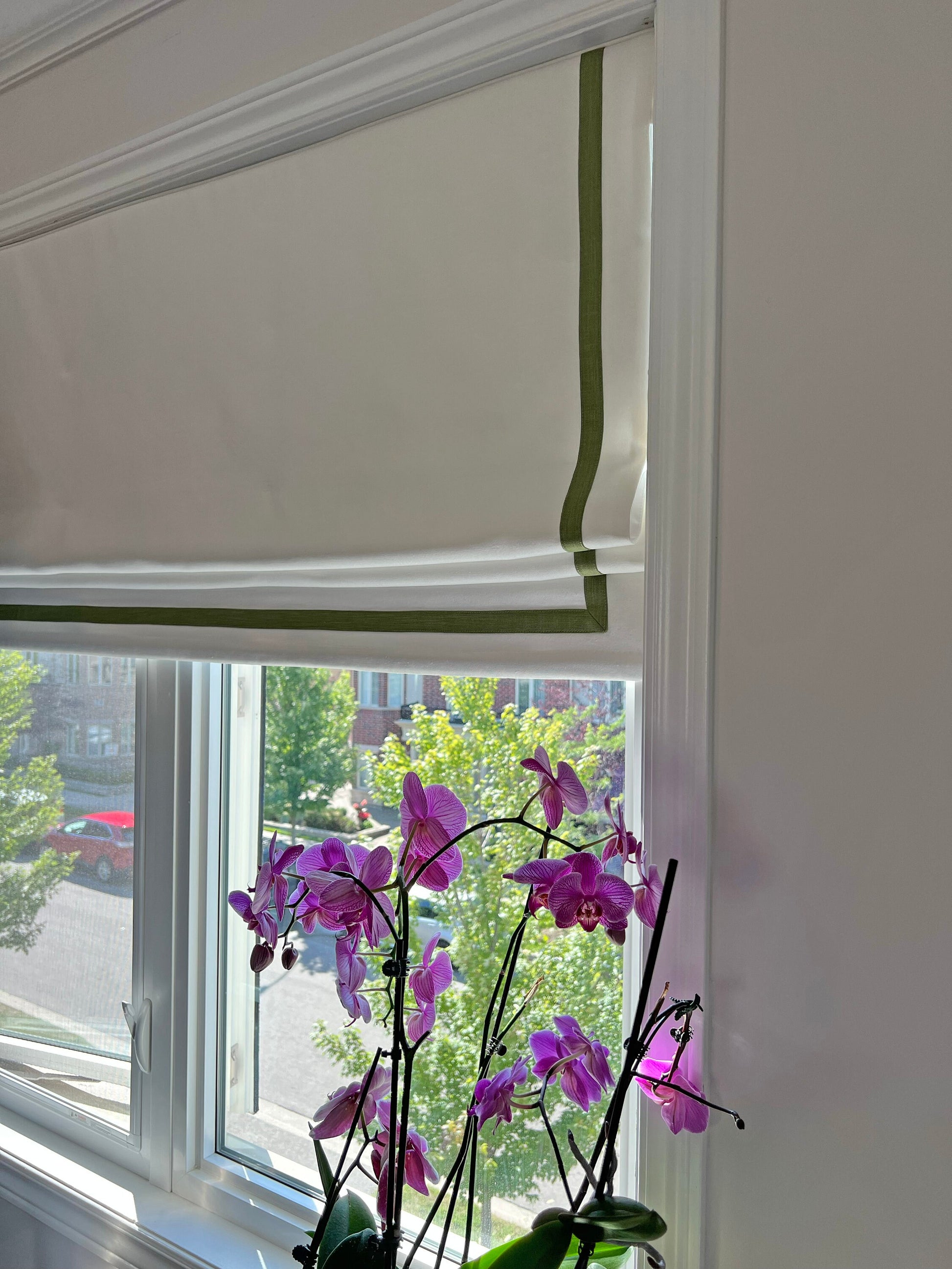 Cream linen roman shade with pine border, room view