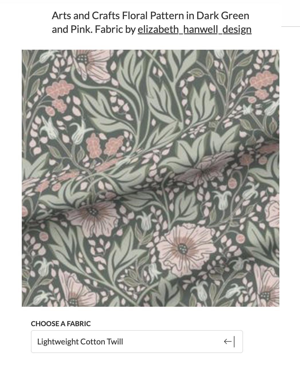 Fabric swatch of the Arts and Crafts floral pattern in dark green and pink