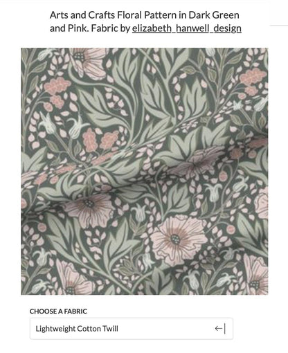 Fabric swatch of the Arts and Crafts floral pattern in dark green and pink
