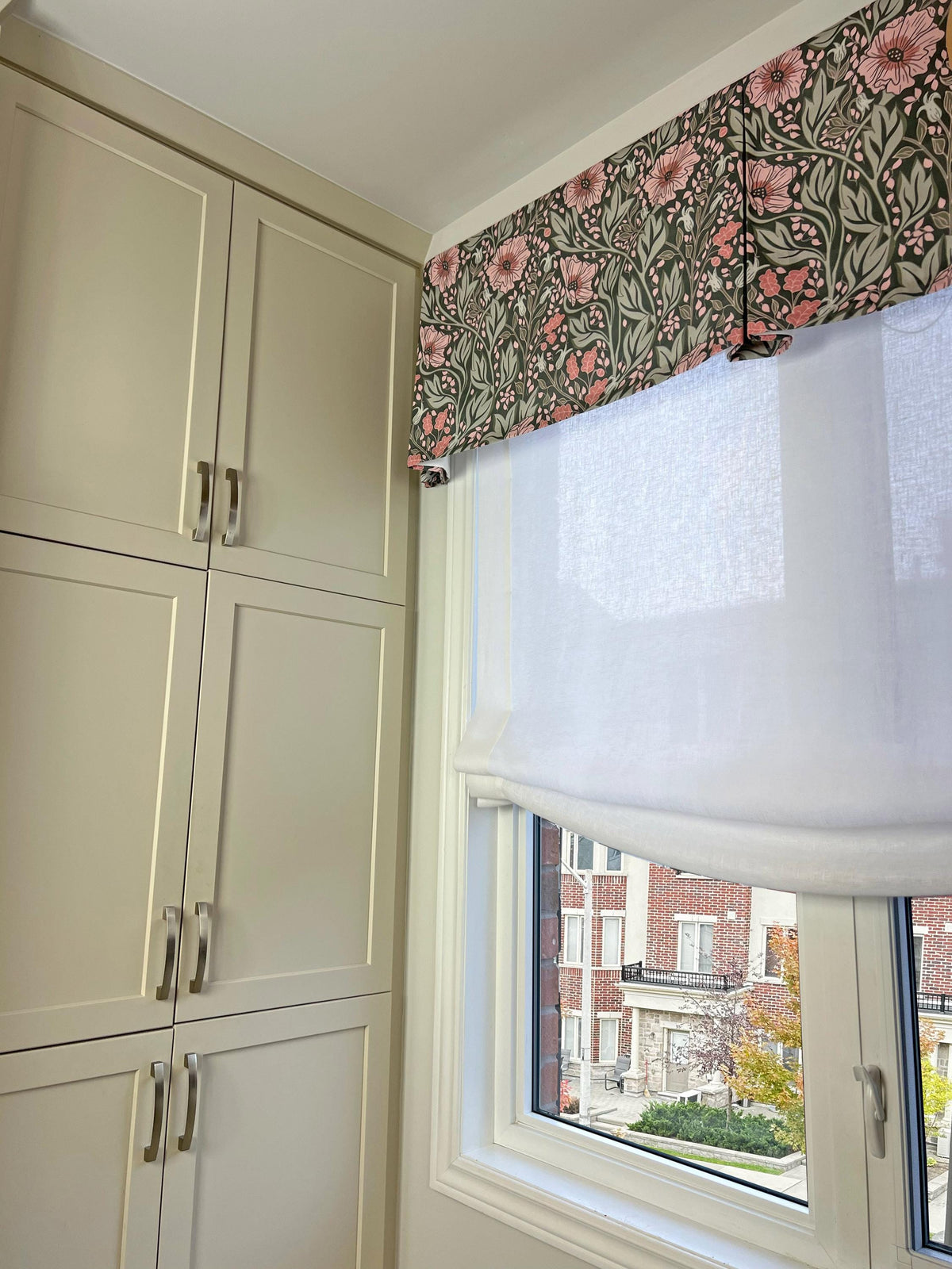 Arts & Crafts floral valance in a styled room setting