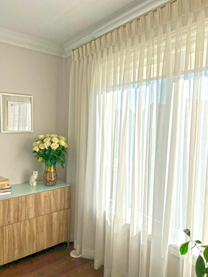 Sheer Empire voile panel softening daylight across a wide window — LOGANOVA