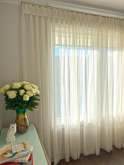 Pleats holding their shape from rod to floor, Empire voile sheer panel — LOGANOVA