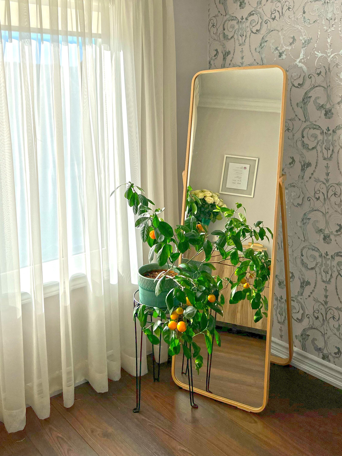 Triple pleat sheer voile panels behind a full-length mirror and citrus tree — LOGANOVA