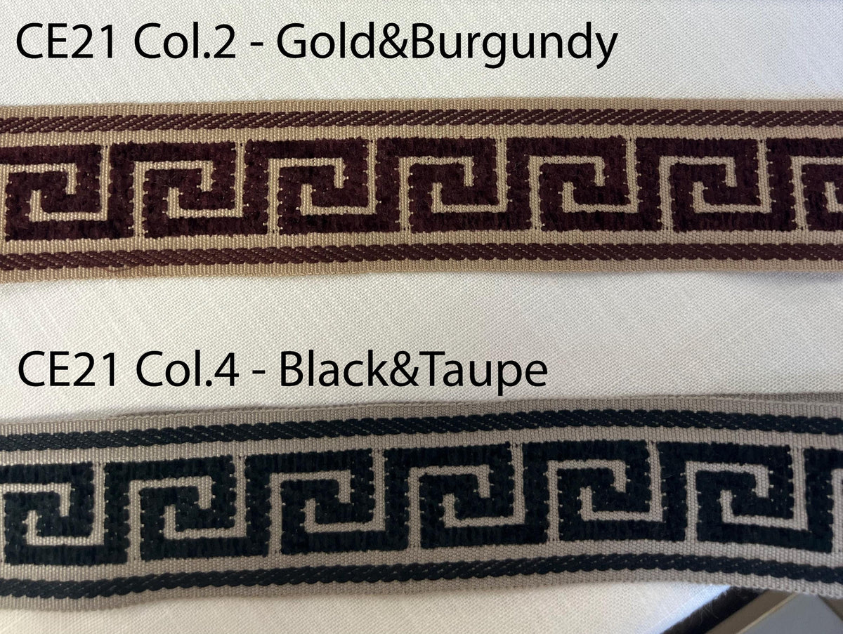 Greek key trim CE21 Col.2 Gold and Burgundy and Col.4 Black and Taupe