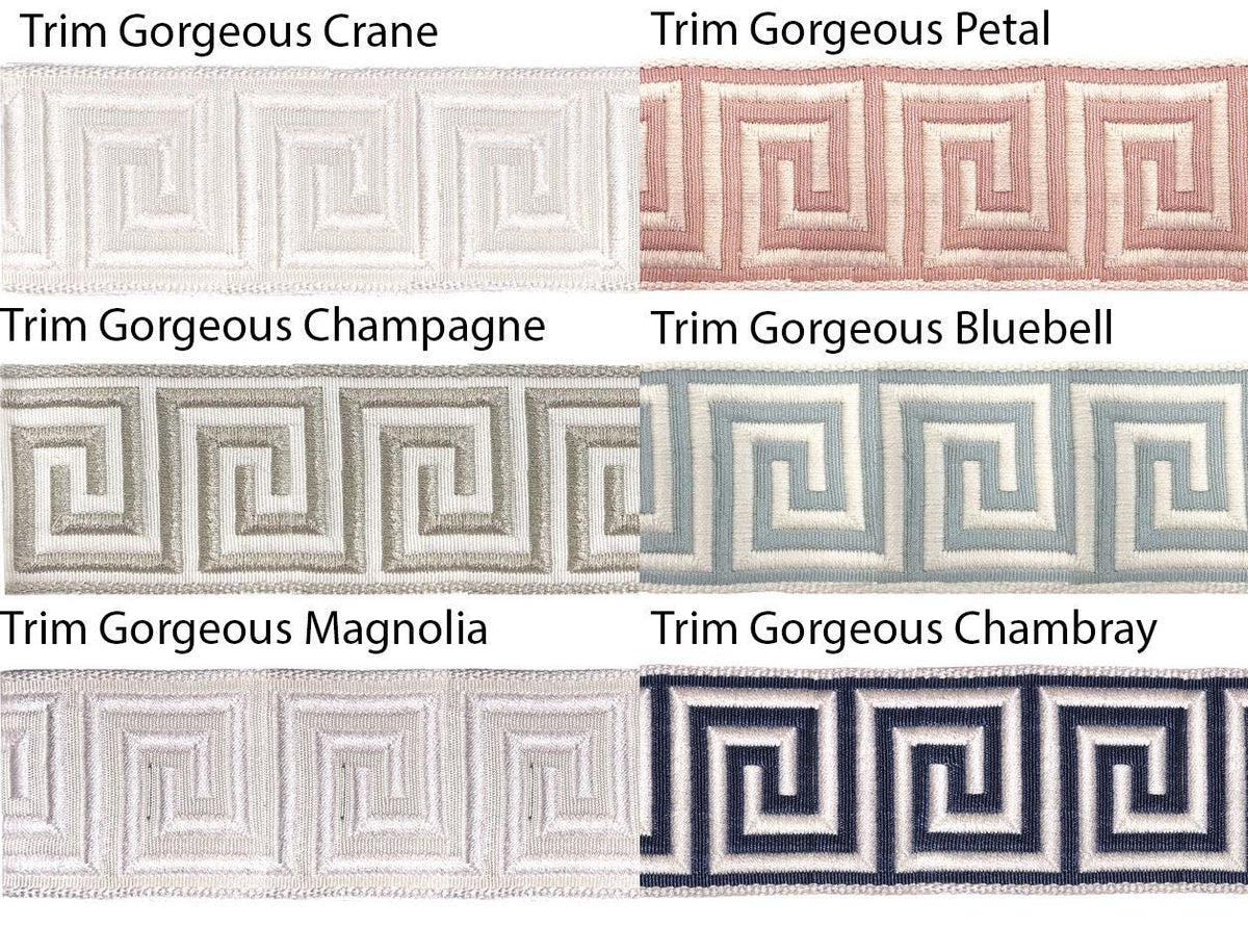 Linen relaxed Roman shade with Greek key trim by LOGANOVA Shades
