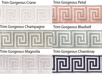 Linen relaxed Roman shade with Greek key trim by LOGANOVA Shades